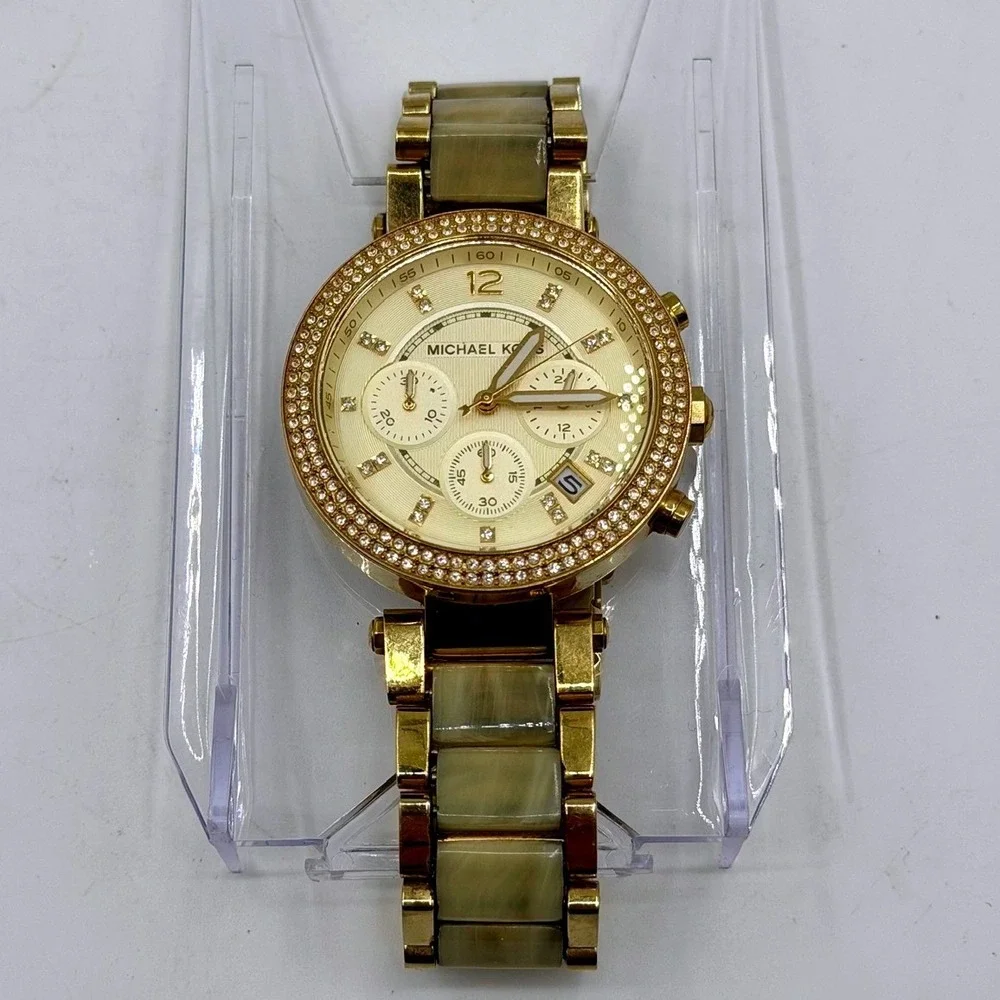 Michael Kors Blair MK5632 Gold Tone Horn Resin Chronograph Crystal Bezel Watch